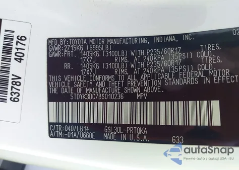 2011 Toyota Sienna Xle V6 из США, поврежденный, VIN 5TDYK3DC7BS010236